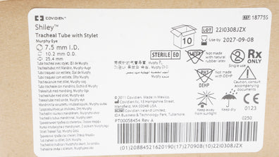 Covidien 18775S Shiley Tracheal Tube W/Stylet 7.5ID x 10.2OD x 25.4mm- Box of 7
